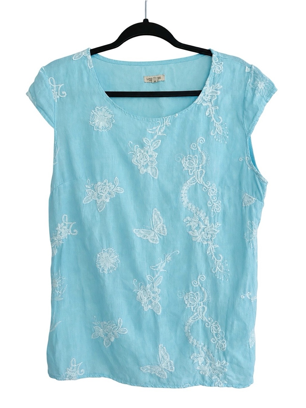 Embroidered Linen Top Boho Cotton Lina Tomei Blue Made in Italy Butterflies M